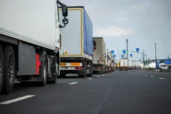 Line of trucks during CVSA Roadcheck inspection