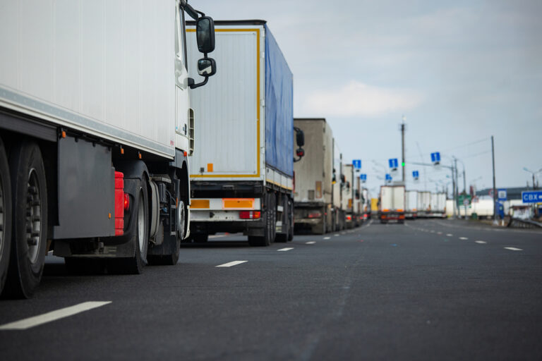 Line of trucks during CVSA Roadcheck inspection