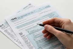 IRS tax forms including Form 1040 with a person holding a pen